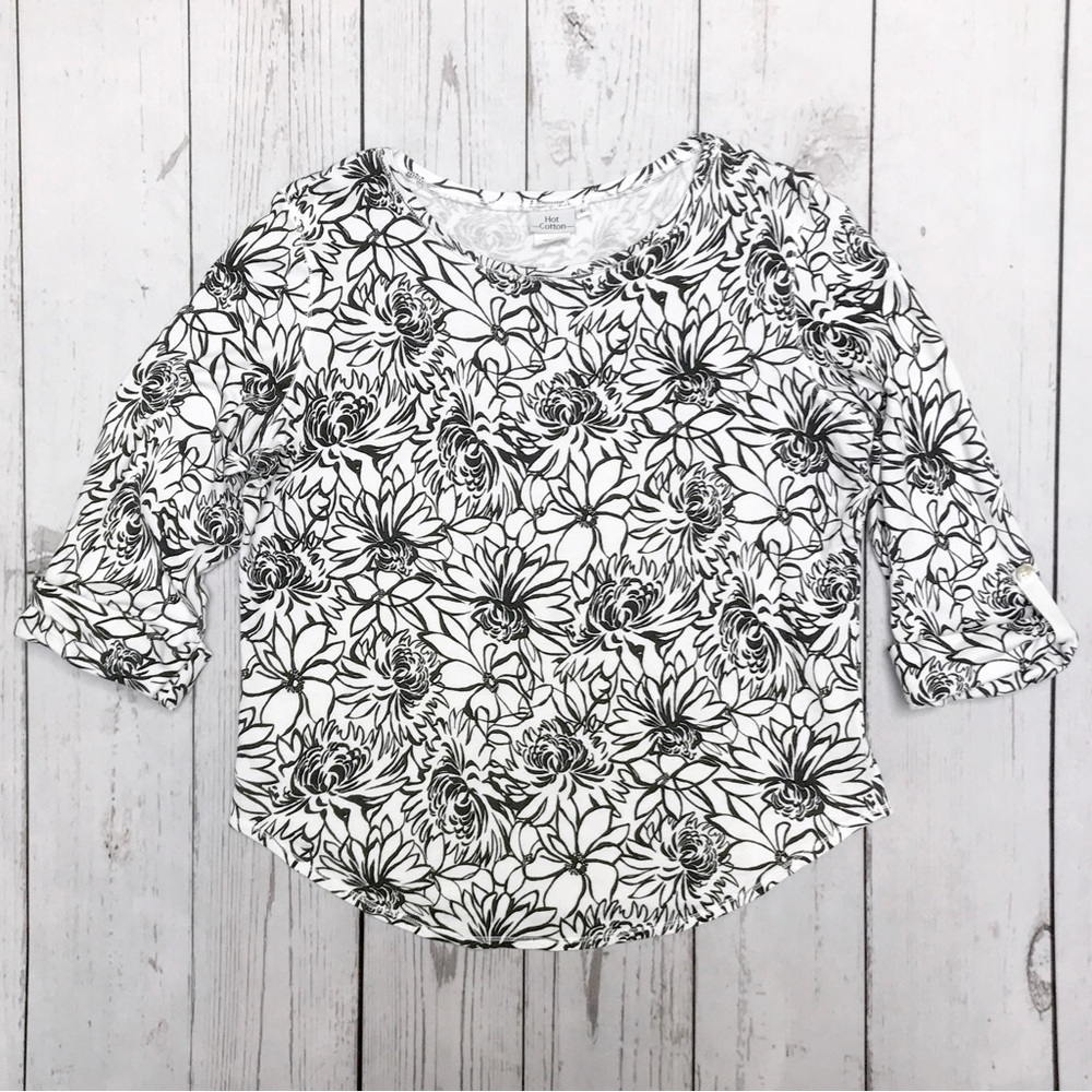 Hot Cotton 3/4 Sleeve Black & White Top SZ L